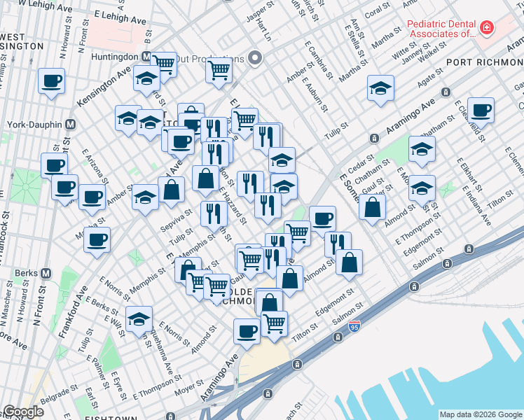 map of restaurants, bars, coffee shops, grocery stores, and more near 2364 East Harold Street in Philadelphia