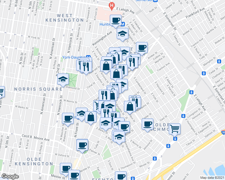 map of restaurants, bars, coffee shops, grocery stores, and more near 2134 East Dauphin Street in Philadelphia