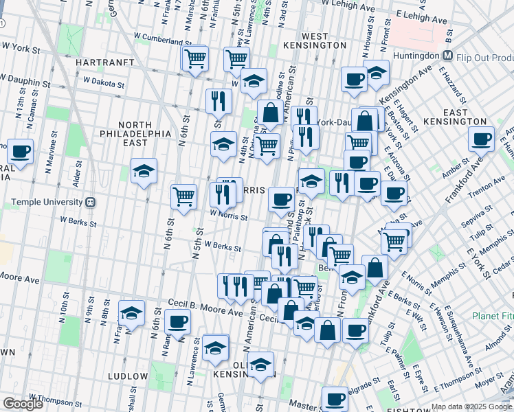 map of restaurants, bars, coffee shops, grocery stores, and more near 2026 North Bodine Street in Philadelphia