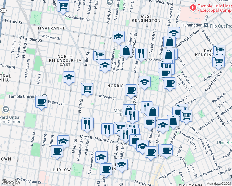map of restaurants, bars, coffee shops, grocery stores, and more near 2022 North 3rd Street in Philadelphia