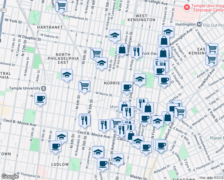 map of restaurants, bars, coffee shops, grocery stores, and more near 263-73 West Norris Street in Philadelphia