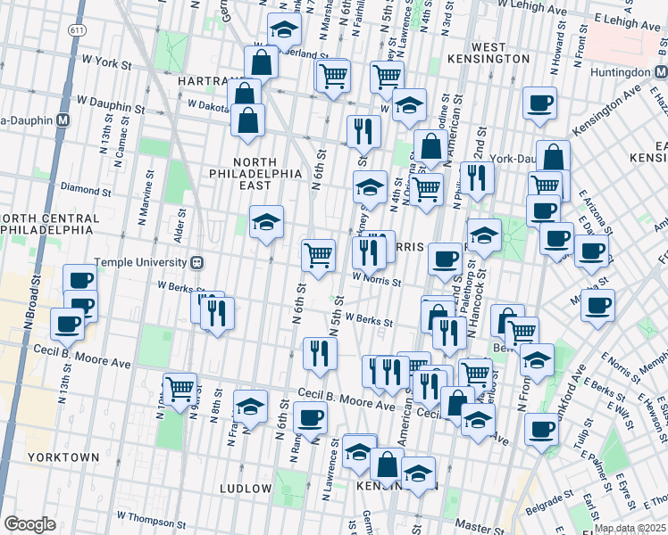 map of restaurants, bars, coffee shops, grocery stores, and more near 1937 North 5th Street in Philadelphia