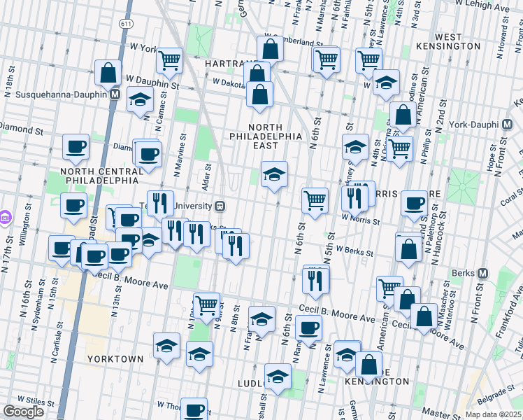 map of restaurants, bars, coffee shops, grocery stores, and more near 1926 North Franklin Street in Philadelphia