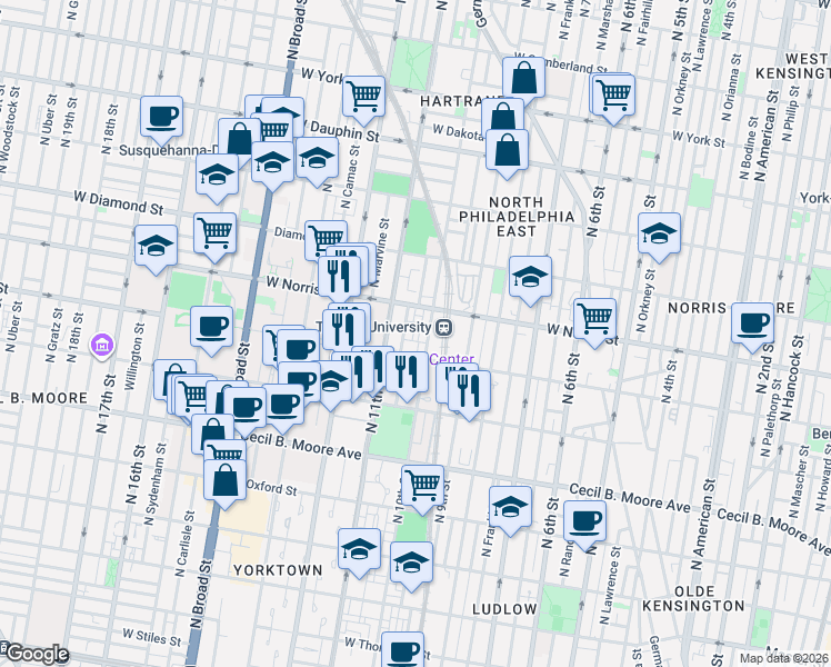 map of restaurants, bars, coffee shops, grocery stores, and more near 927 West Berks Street in Philadelphia