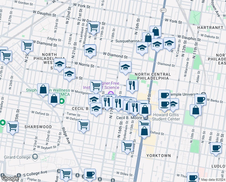 map of restaurants, bars, coffee shops, grocery stores, and more near 1725 West Montgomery Avenue in Philadelphia
