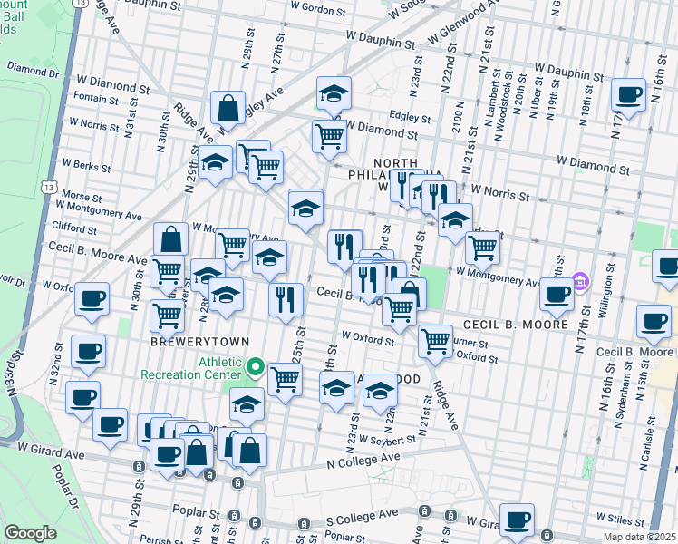 map of restaurants, bars, coffee shops, grocery stores, and more near 2331 Cecil B. Moore Avenue in Philadelphia