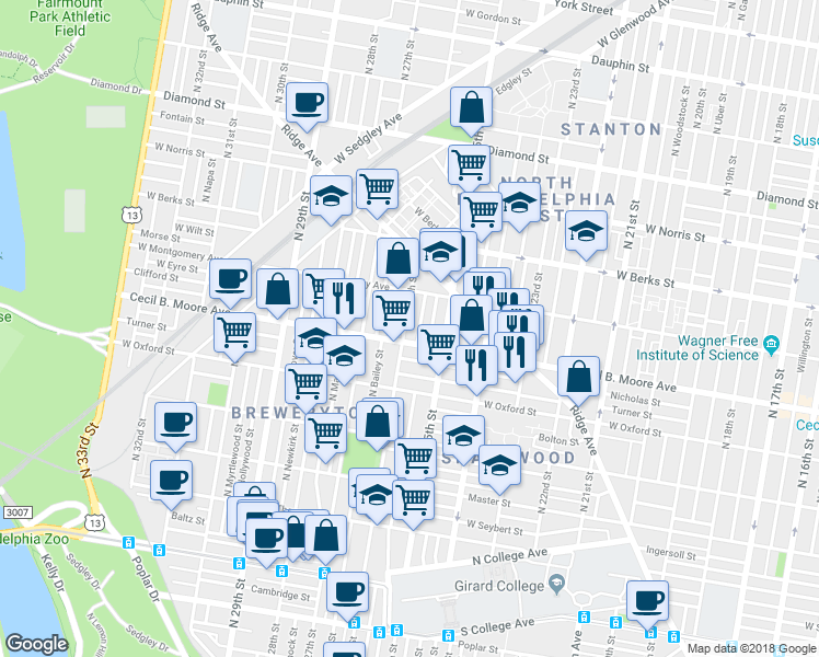 map of restaurants, bars, coffee shops, grocery stores, and more near 2519 Cecil B. Moore Avenue in Philadelphia