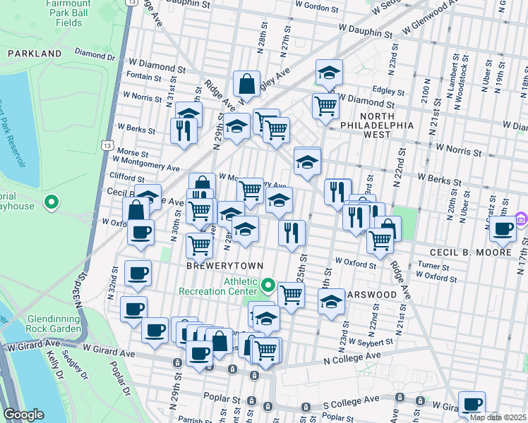 map of restaurants, bars, coffee shops, grocery stores, and more near 2618 Cecil B. Moore Avenue in Philadelphia