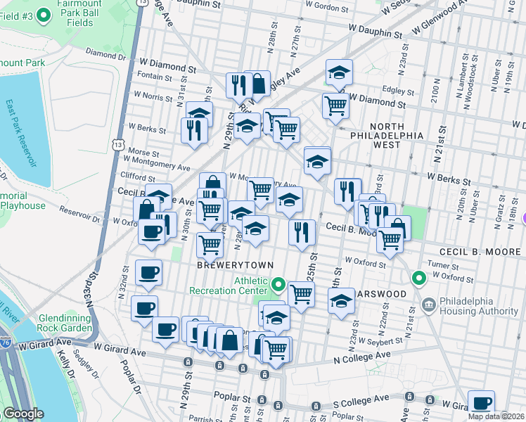 map of restaurants, bars, coffee shops, grocery stores, and more near 2618 Cecil B. Moore Avenue in Philadelphia