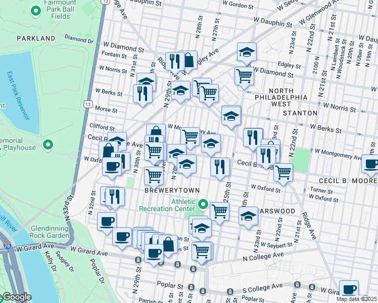 map of restaurants, bars, coffee shops, grocery stores, and more near 1630 North Marston Street in Philadelphia
