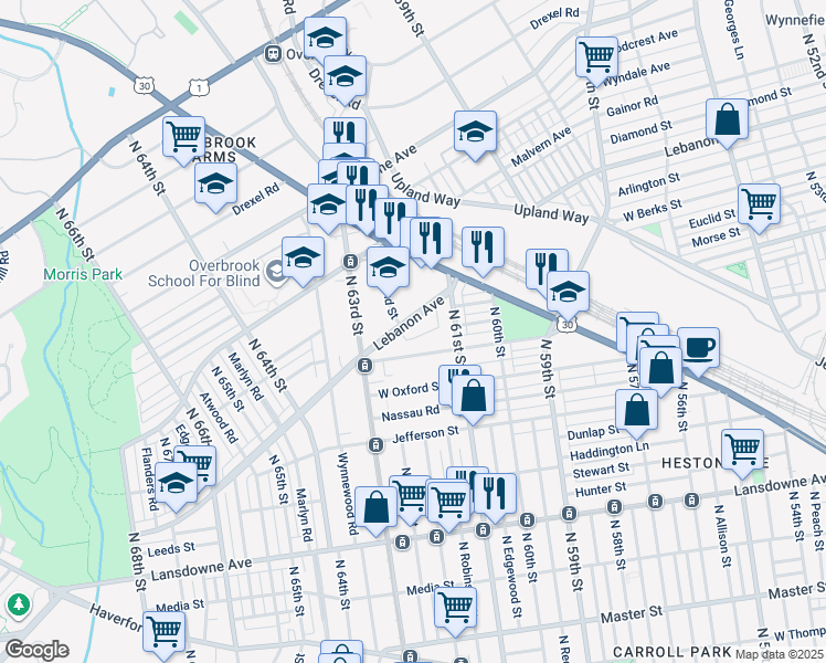 map of restaurants, bars, coffee shops, grocery stores, and more near 6137 West Columbia Avenue in Philadelphia