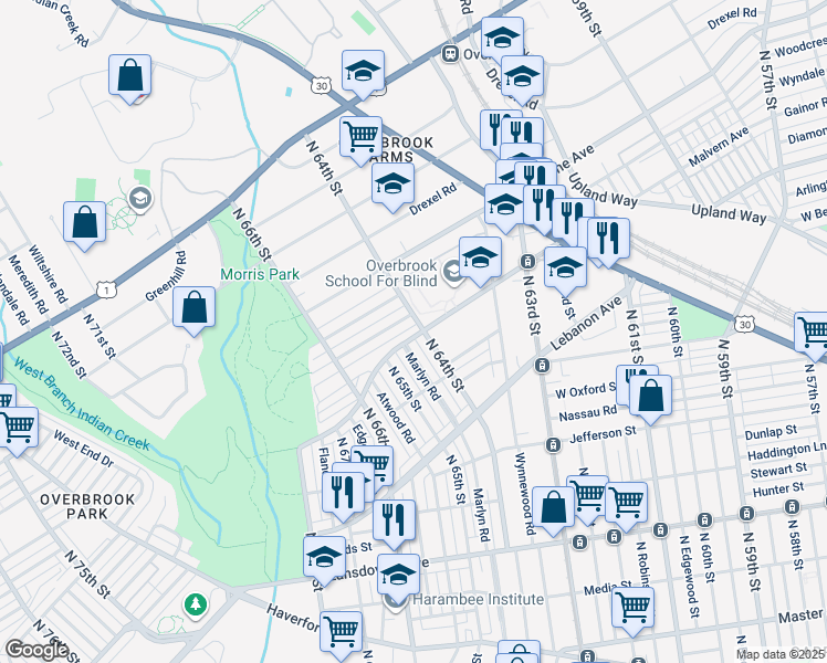 map of restaurants, bars, coffee shops, grocery stores, and more near 6405 Malvern Avenue in Philadelphia