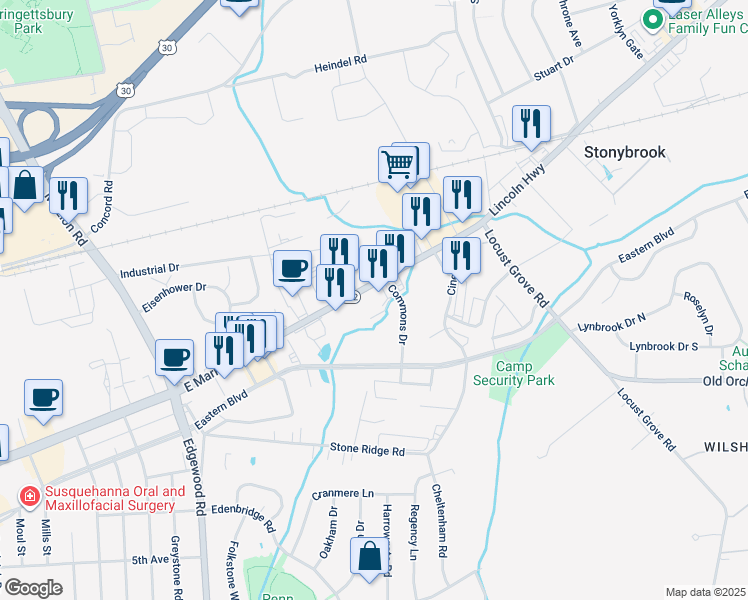 map of restaurants, bars, coffee shops, grocery stores, and more near 3600 East Market Street in York