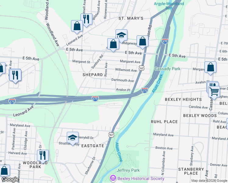 map of restaurants, bars, coffee shops, grocery stores, and more near 2167 Avalon Place in Columbus