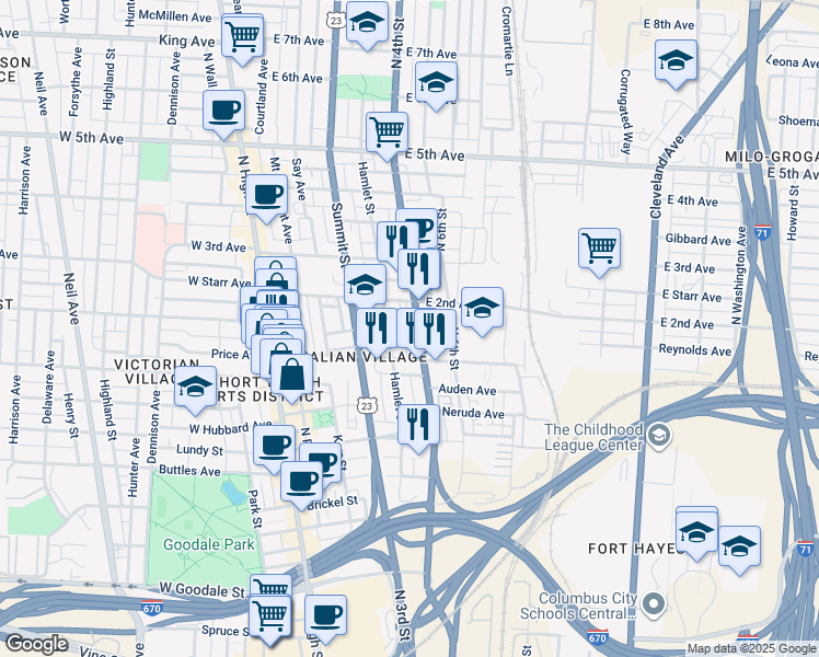 map of restaurants, bars, coffee shops, grocery stores, and more near 901 East 4th Avenue in Columbus