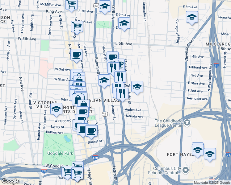 map of restaurants, bars, coffee shops, grocery stores, and more near 901 East 4th Avenue in Columbus