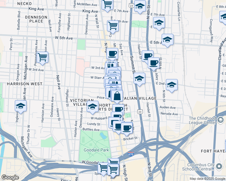 map of restaurants, bars, coffee shops, grocery stores, and more near 906 North High Street in Columbus