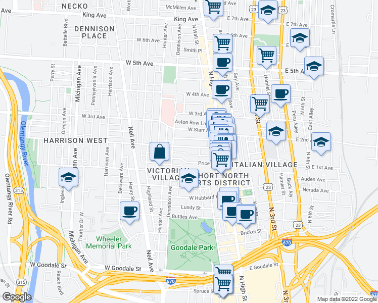 map of restaurants, bars, coffee shops, grocery stores, and more near 98 Price Avenue in Columbus