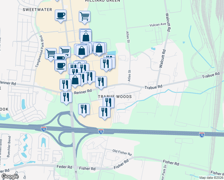 map of restaurants, bars, coffee shops, grocery stores, and more near 5392 Renner Road in Hilliard