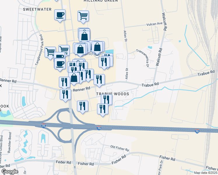 map of restaurants, bars, coffee shops, grocery stores, and more near 5392 Renner Road in Hilliard