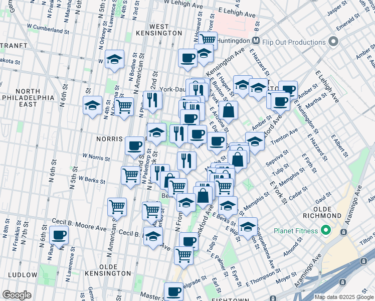 map of restaurants, bars, coffee shops, grocery stores, and more near 2046 North Front Street in Philadelphia