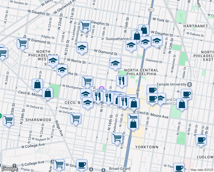 map of restaurants, bars, coffee shops, grocery stores, and more near 1827 North 17th Street in Philadelphia