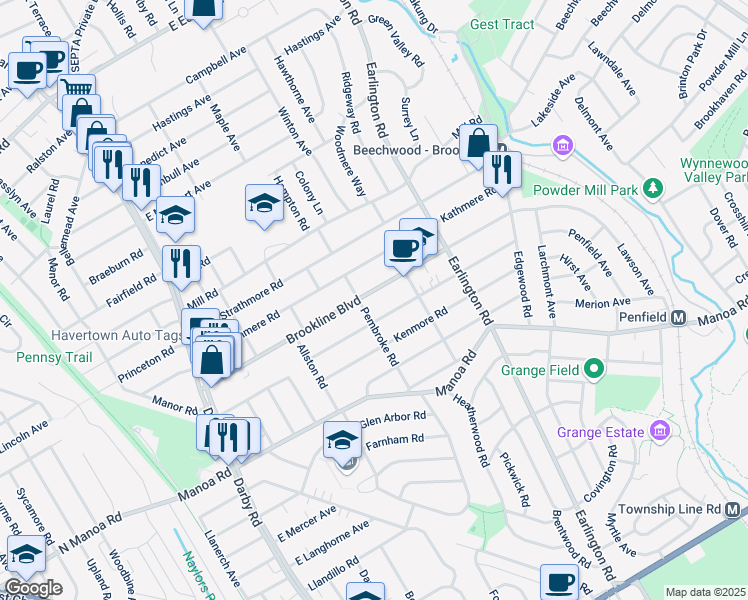 map of restaurants, bars, coffee shops, grocery stores, and more near 309 Brookline Boulevard in Havertown