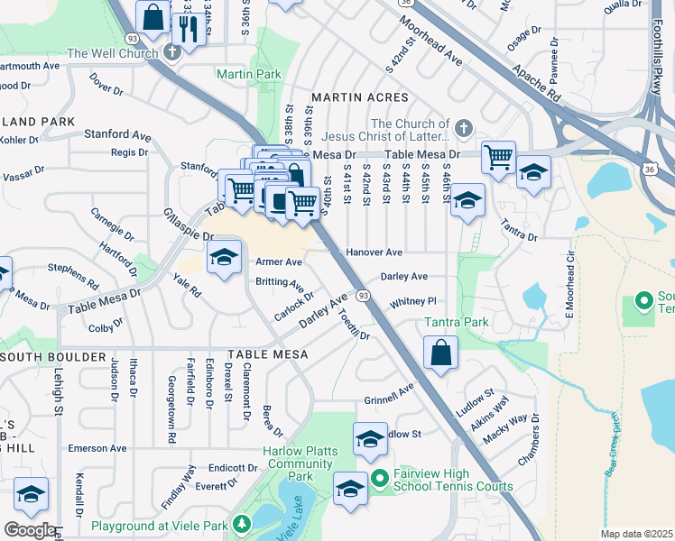 map of restaurants, bars, coffee shops, grocery stores, and more near 825 South Broadway in Boulder