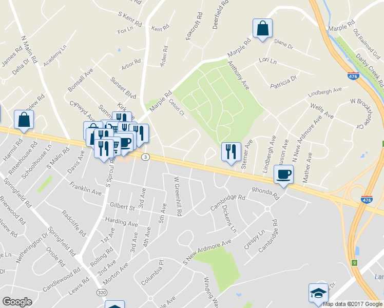 map of restaurants, bars, coffee shops, grocery stores, and more near 15 Strathaven Drive in Broomall