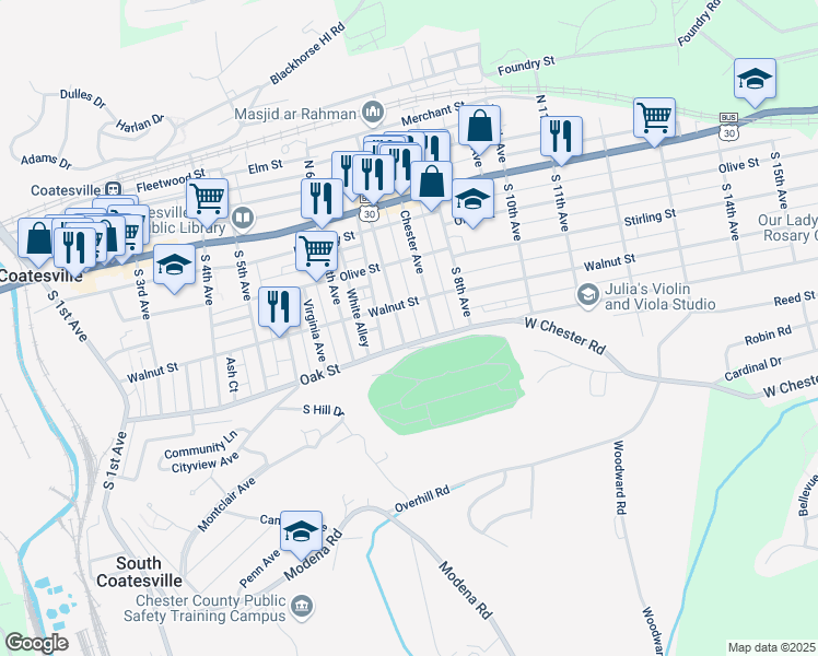 map of restaurants, bars, coffee shops, grocery stores, and more near 131 Pennsylvania Avenue in Coatesville