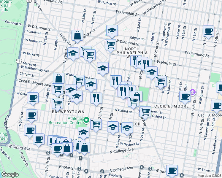 map of restaurants, bars, coffee shops, grocery stores, and more near 2417 Clifford St in Philadelphia