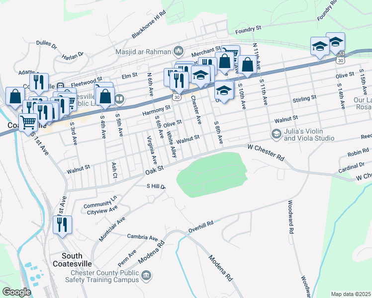 map of restaurants, bars, coffee shops, grocery stores, and more near 122 Pennsylvania Avenue in Coatesville