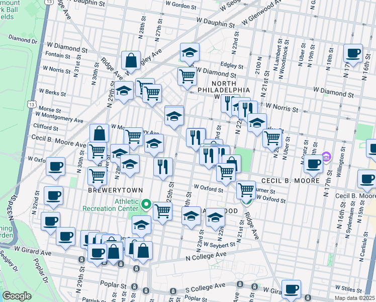 map of restaurants, bars, coffee shops, grocery stores, and more near 2417 Clifford St in Philadelphia