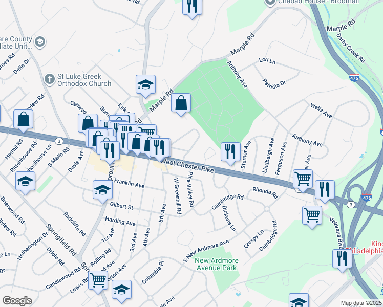 map of restaurants, bars, coffee shops, grocery stores, and more near 15 Strathaven Drive in Broomall