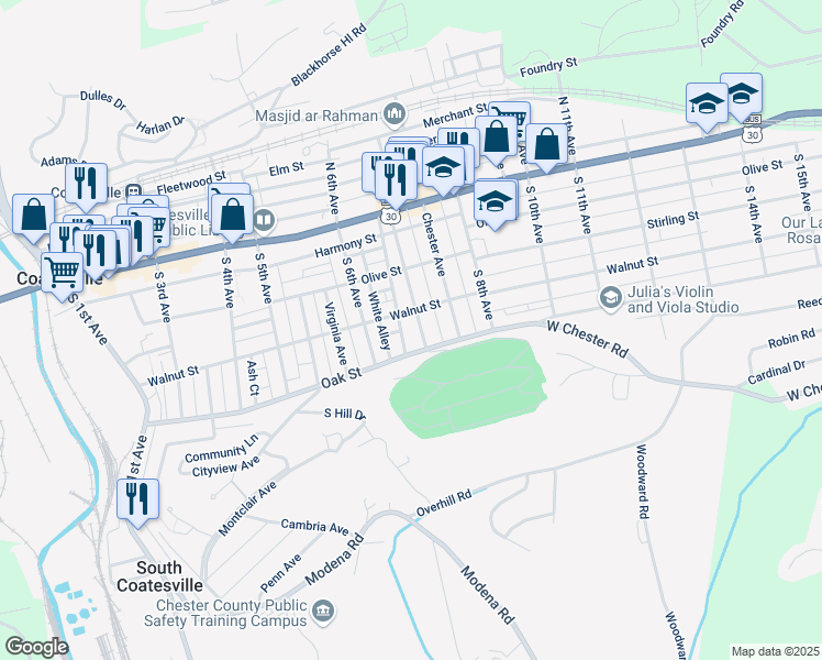 map of restaurants, bars, coffee shops, grocery stores, and more near 122 Pennsylvania Avenue in Coatesville