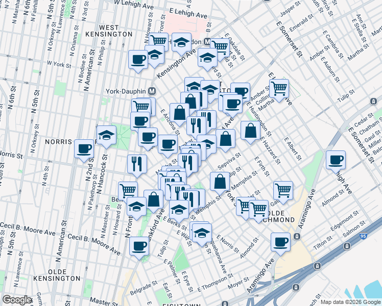 map of restaurants, bars, coffee shops, grocery stores, and more near 2134 East Dauphin Street in Philadelphia