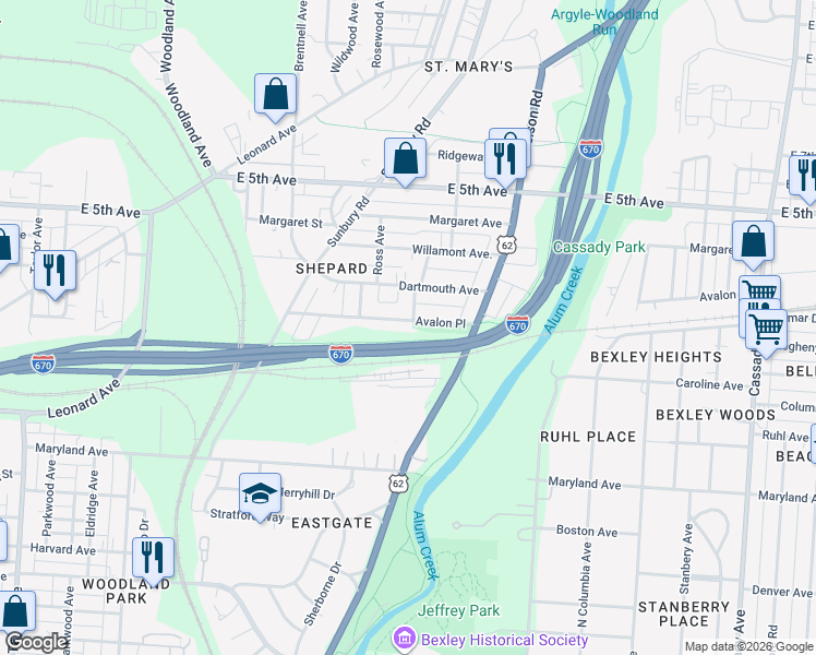 map of restaurants, bars, coffee shops, grocery stores, and more near 2167 Avalon Place in Columbus