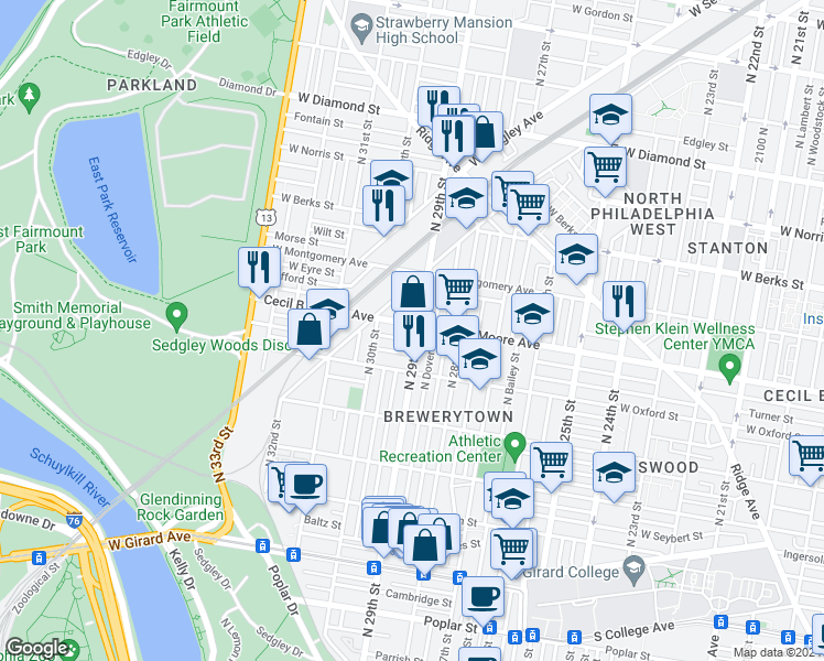 map of restaurants, bars, coffee shops, grocery stores, and more near 1642 North 29th Street in Philadelphia