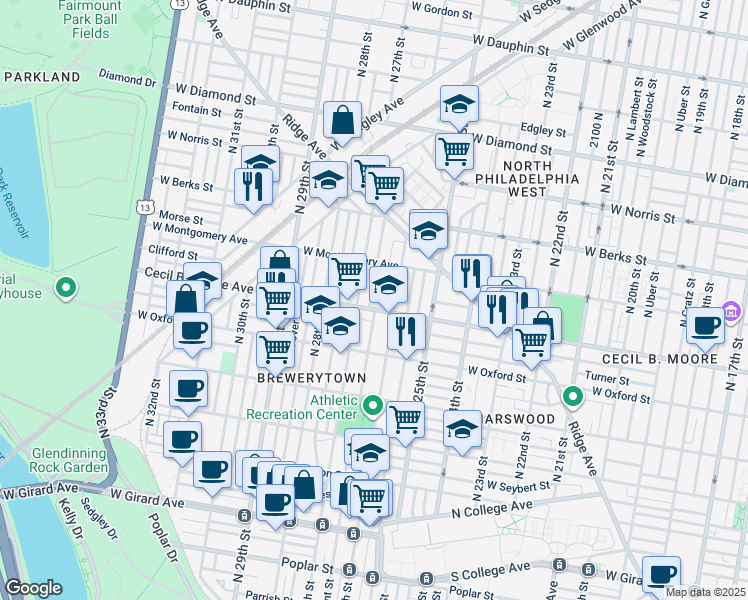 map of restaurants, bars, coffee shops, grocery stores, and more near 1711 North Taney Street in Philadelphia