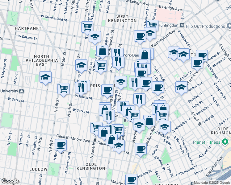map of restaurants, bars, coffee shops, grocery stores, and more near 2038 North Palethorp Street in Philadelphia