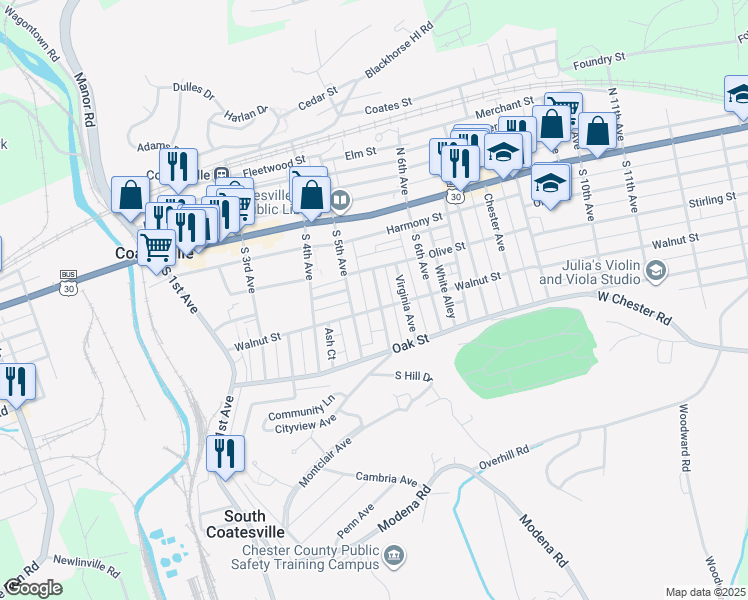 map of restaurants, bars, coffee shops, grocery stores, and more near 102 Woodland Avenue in Coatesville