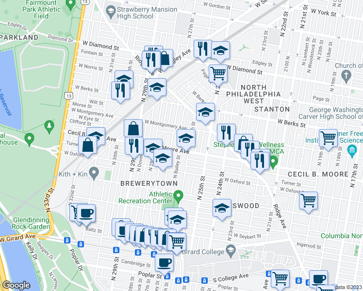 map of restaurants, bars, coffee shops, grocery stores, and more near 1712 North Bailey Street in Philadelphia