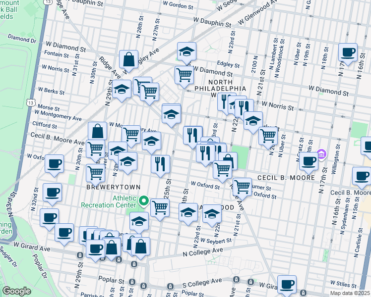 map of restaurants, bars, coffee shops, grocery stores, and more near 2415 Clifford Street in Philadelphia