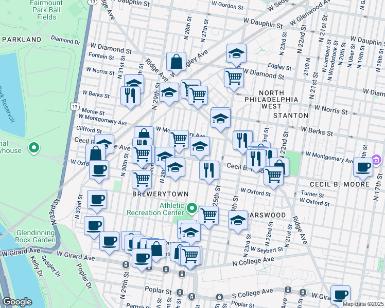 map of restaurants, bars, coffee shops, grocery stores, and more near 1711 North Taney Street in Philadelphia