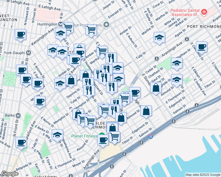 map of restaurants, bars, coffee shops, grocery stores, and more near 2338 East Albert Street in Philadelphia
