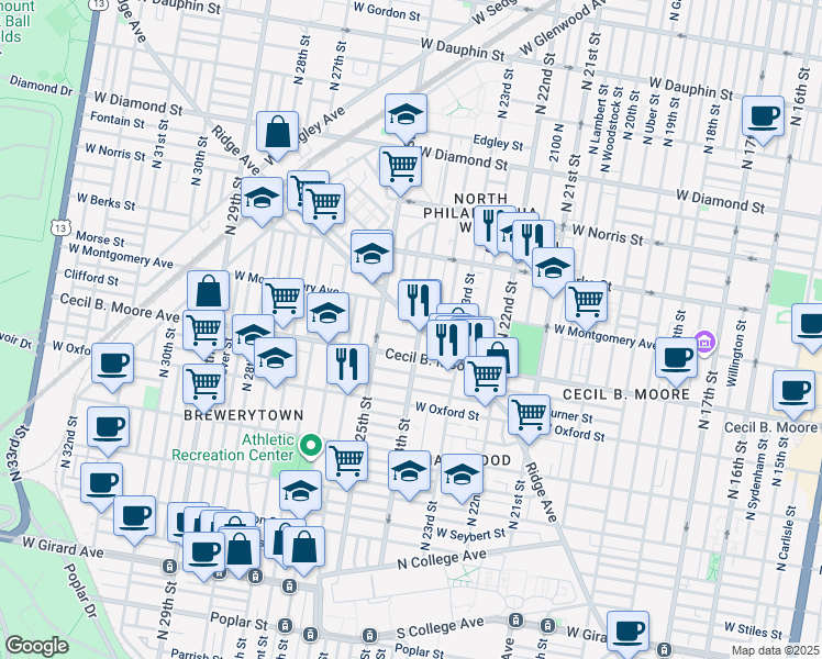 map of restaurants, bars, coffee shops, grocery stores, and more near 2331 Cecil B. Moore Avenue in Philadelphia
