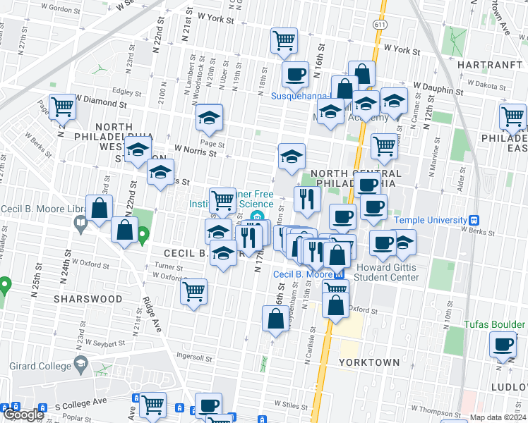 map of restaurants, bars, coffee shops, grocery stores, and more near 1828 North 17th Street in Philadelphia