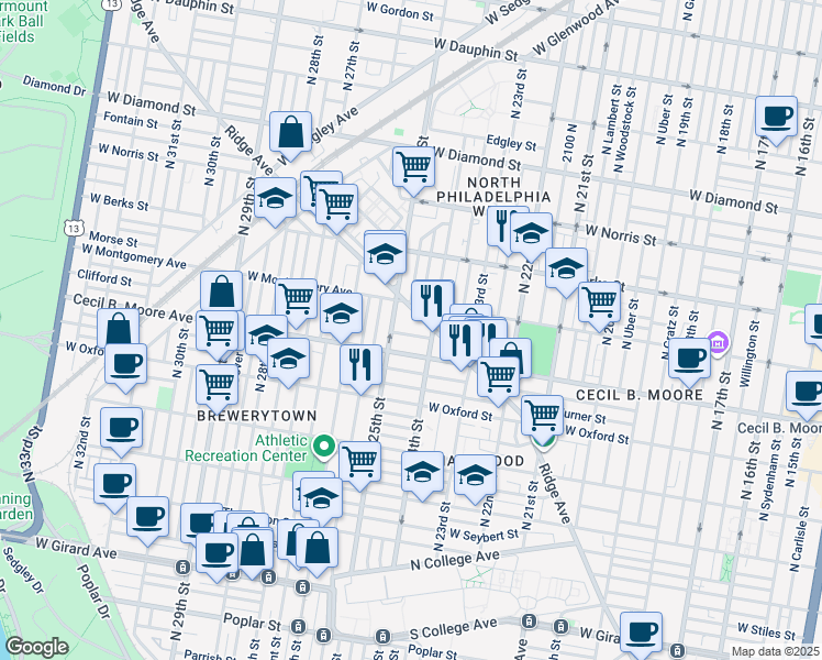 map of restaurants, bars, coffee shops, grocery stores, and more near 2423 Clifford Street in Philadelphia