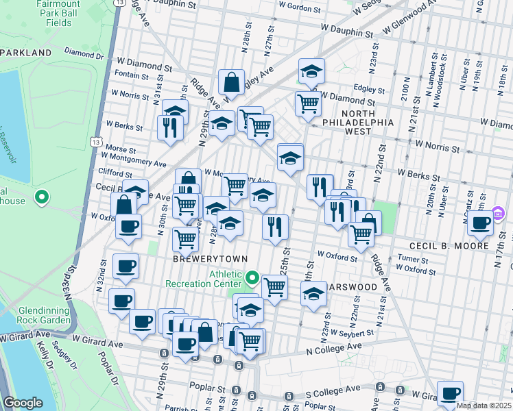 map of restaurants, bars, coffee shops, grocery stores, and more near 1712 North Bailey Street in Philadelphia