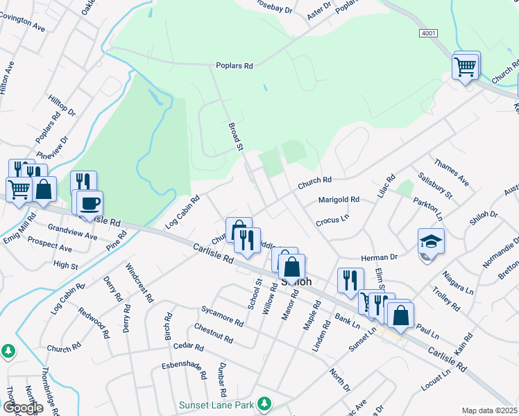 map of restaurants, bars, coffee shops, grocery stores, and more near 2400 Broad Street in York